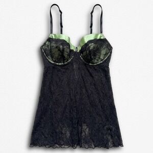 Cacique Black Lace Green Satin Underwire Babydoll Chemise Lingerie Womens 18/20